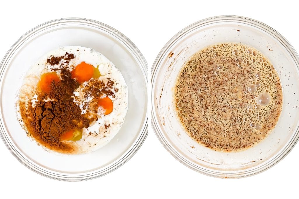  the left holds milk, eggs, cinnamon, and cocoa powder—the classic French Toast mixture; the right shows these ingredients thoroughly mixed together into a frothy brown liquid.
