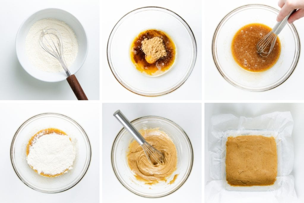 A step-by-step collage showing Blondie Bars batter preparation: whisking flour, mixing sugar and wet ingredients, combining, adding flour, stirring batter, and spreading it in a parchment-lined baking pan.