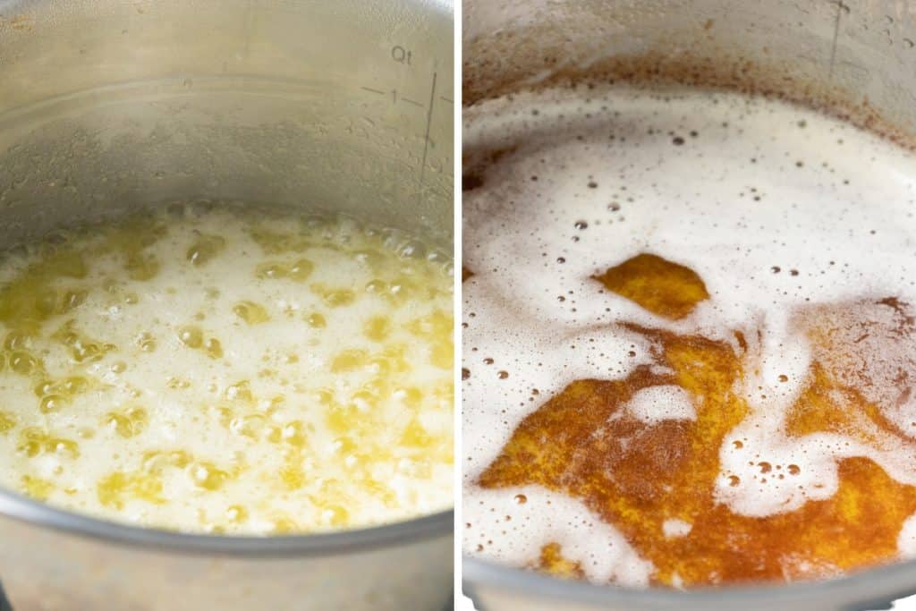 Side-by-side images show butter melting and bubbling in a pot on the left, and on the right, the butter has turned brown with foamy bubbles&mdash;perfectly browned for making rich blondie bars or lemon cheesecake.