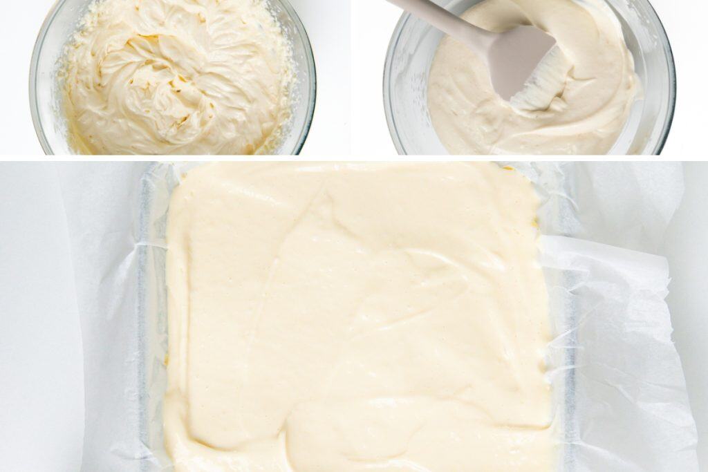 Three images show whipped Lemon Cheesecake Bars batter: the first is a close-up of fluffy batter in a bowl, the second shows a spatula stirring, and the third displays smooth batter spread in a parchment-lined baking pan.