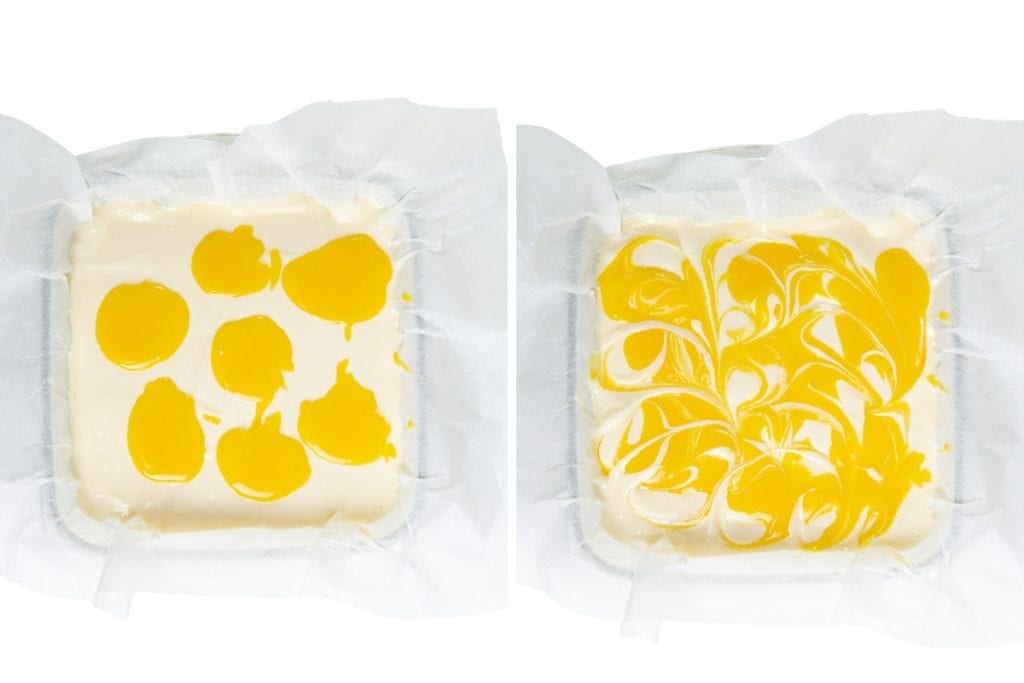 Side-by-side images show a square baking pan lined with parchment. Left: white Lemon Cheesecake batter with yellow dollops on top. Right: the yellow has been swirled into a marbled pattern for these delectable cheesecake bars.