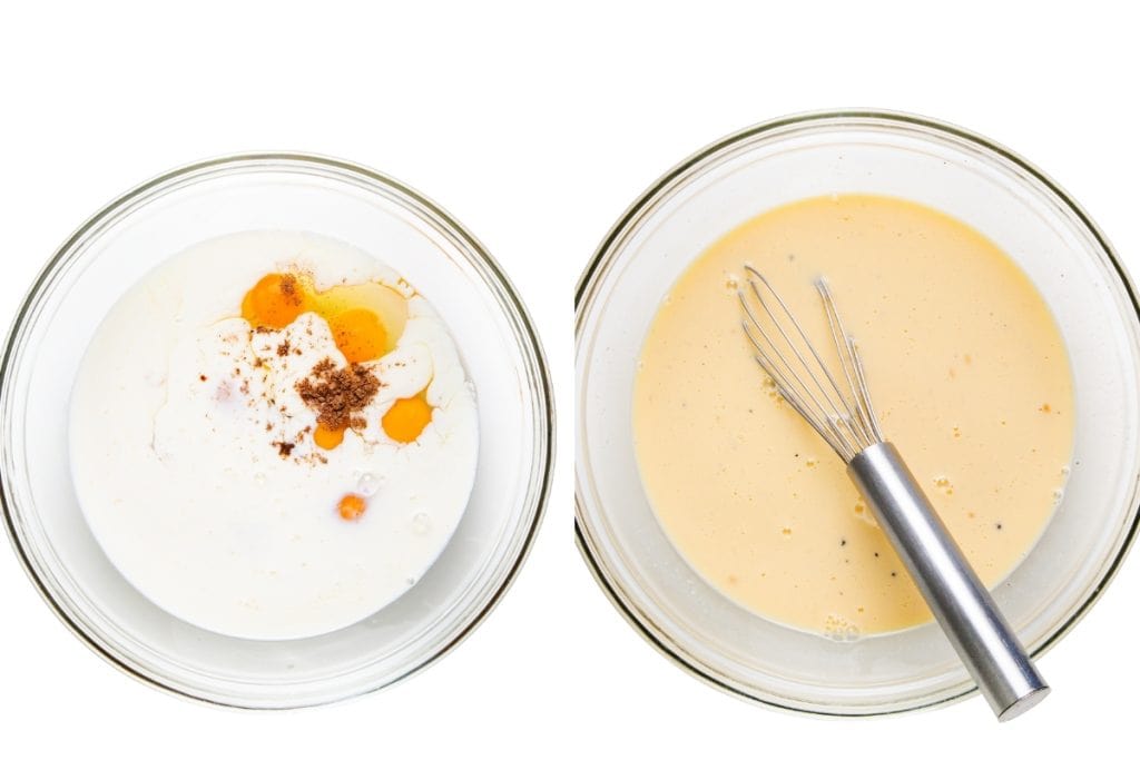 Two glass bowls on a white background: one with cream, eggs, spices, and vanilla before mixing, and the other with the mixture whisked smooth&mdash;a perfect base for quiche recipes or delicious mini quiches to serve as party appetizers.