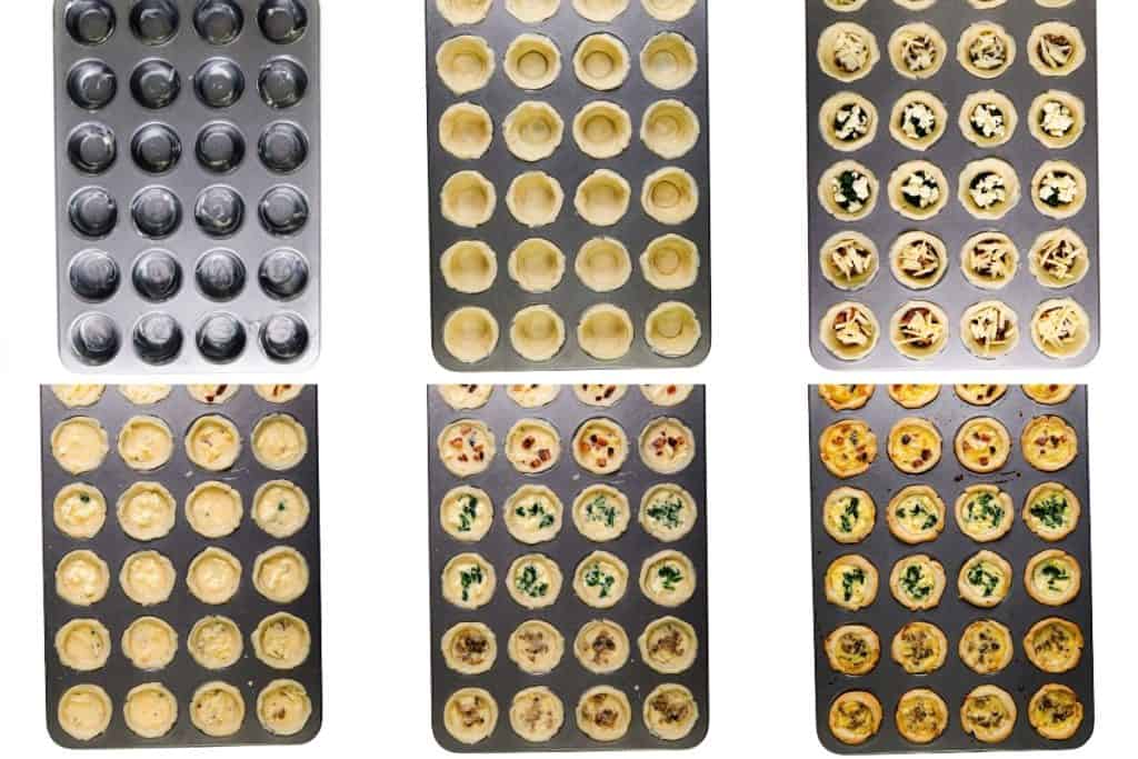 Six muffin tins at various stages of baking mini savory tarts and mini quiches, showing empty pans, dough-lined cups, filled cups with different ingredients, and fully baked tarts.
