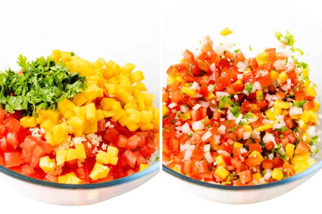  the left shows a glass bowl with diced mango, tomatoes, onion, garlic, and cilantro; the right shows these ingredients blended into a vibrant salsa inspired by a Mexican recipe.