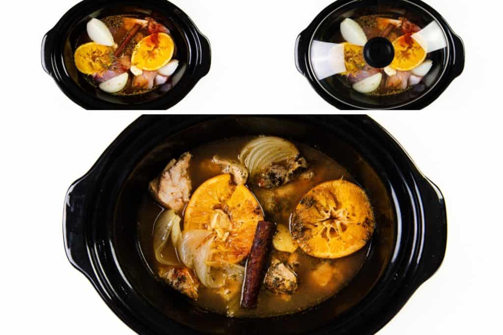 A black slow cooker is filled with onion slices, orange slices, hard-boiled eggs, chicken pieces, and a cinnamon stick in broth&mdash;perfect for preparing flavorful fillings for burritos or carnitas. The cooker is shown with and without its glass lid.