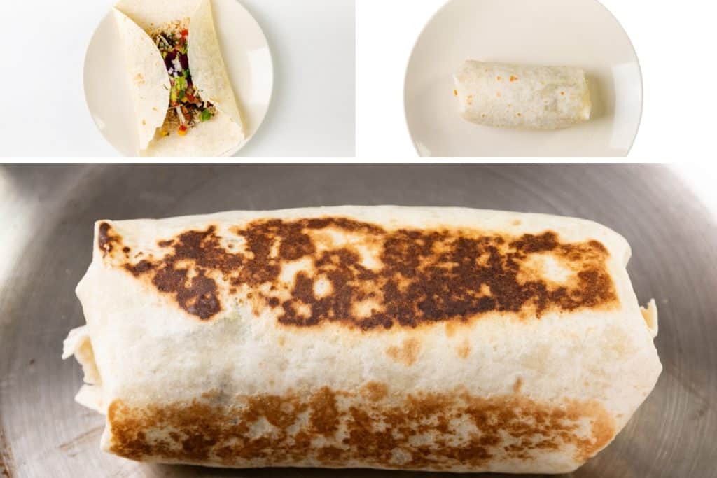 Three images show steps to make carnitas burritos: a tortilla with slow cooker carnitas filling being folded, a rolled burrito on a plate, and a close-up of a browned, crispy exterior.