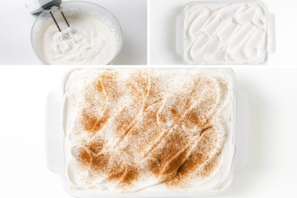 A collage showing whipped topping being mixed in a bowl, then spread on a Tres Leches Cake in a baking dish, and finally dusted with cinnamon over the finished dessert.