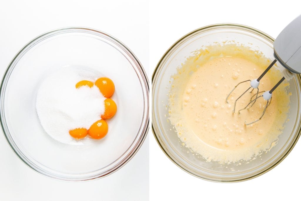 Side-by-side image: left, a glass bowl with four egg yolks and granulated sugar for Tres Leches Cake; right, the mixture whipped to a pale, creamy consistency, an electric mixer resting inside.