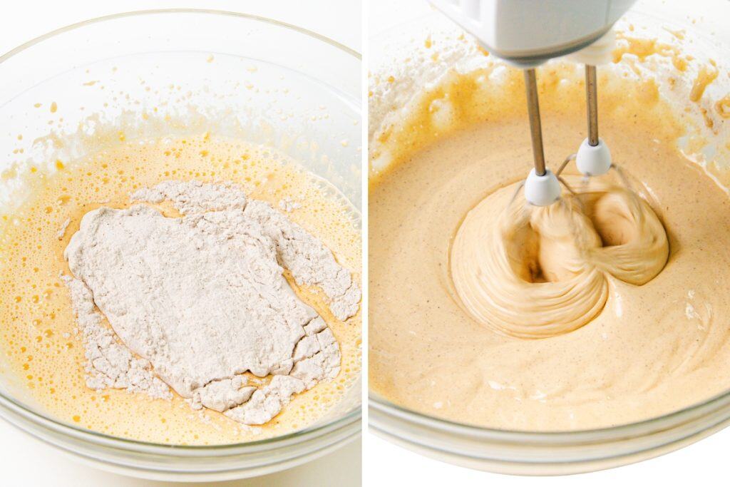 A side-by-side image shows the making of Tres Leches Cake: on the left, flour is added to a yellow batter in a clear bowl; on the right, the mixture is blended with a hand mixer into a smooth, creamy batter.