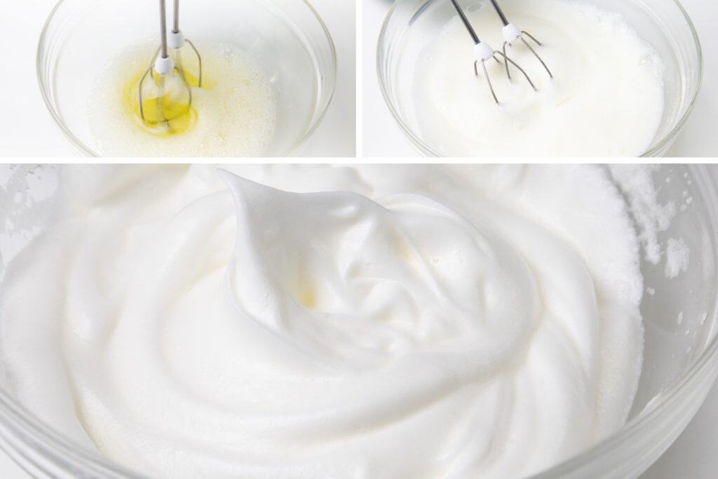 Three images show the progression of whisking egg whites for Tres Leches Cake: lightly beaten whites, soft peaks forming, and finally firm, glossy peaks in a clear bowl.