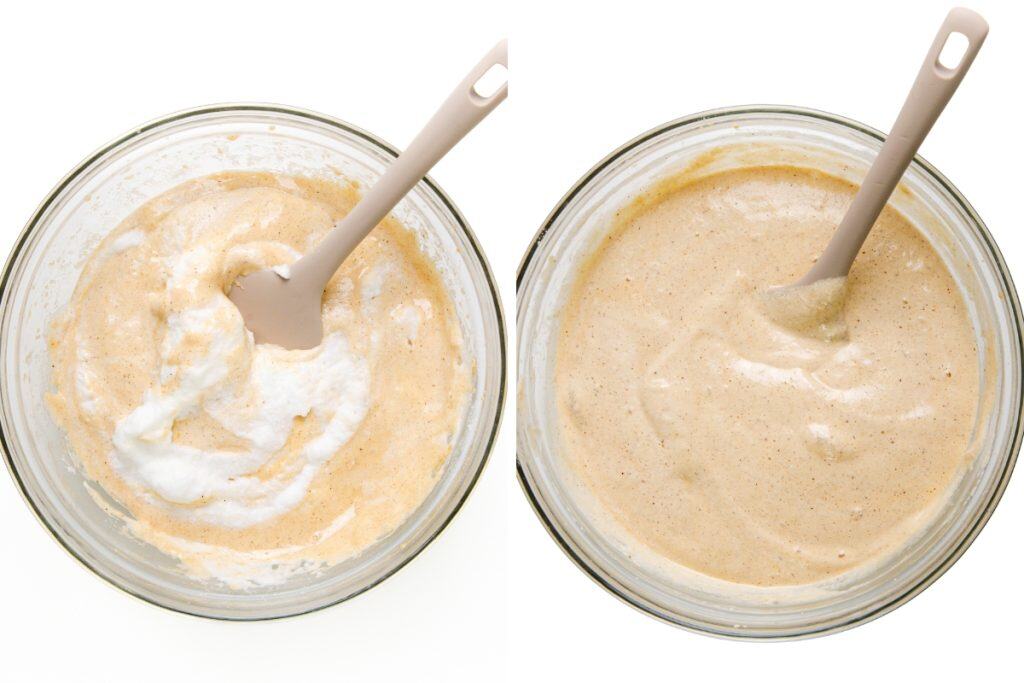 Two glass bowls with rubber spatulas show batter preparation for Tres Leches Cake: the left bowl has partially mixed ingredients with visible white foam, while the right bowl has a smooth, fully combined batter.