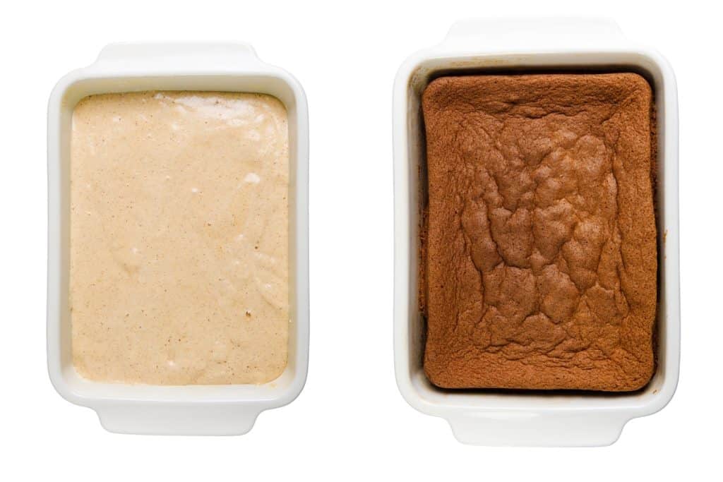 Two white baking dishes: the left one contains uncooked light brown Tres Leches Cake batter, and the right one holds a fully baked, golden-brown cake with a cracked surface.