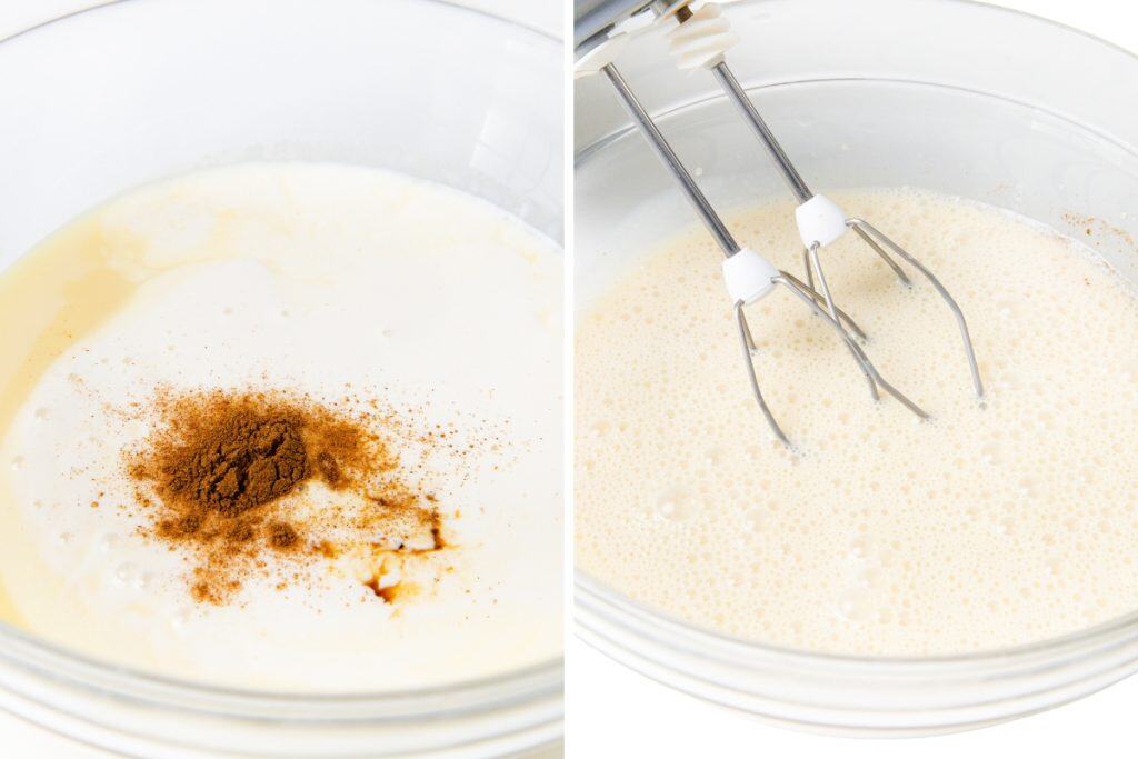 Split image: Left side shows a bowl with cream, cinnamon, and vanilla&mdash;the perfect base for Tres Leches Cake. Right side shows the mixture blended smooth with a hand mixer&rsquo;s beaters resting in the bowl.