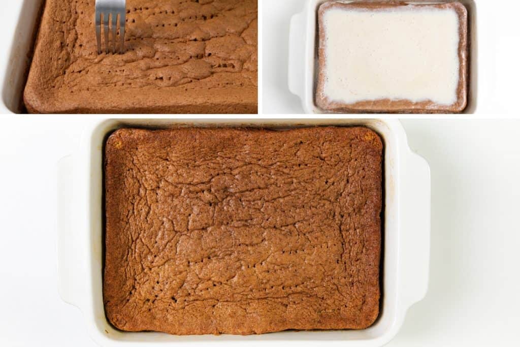 Three images show stages of baking Tres Leches Cake: a fork pokes holes in a brown cake, milk is poured over the top, and the finished cake sits in a white dish, golden and textured.