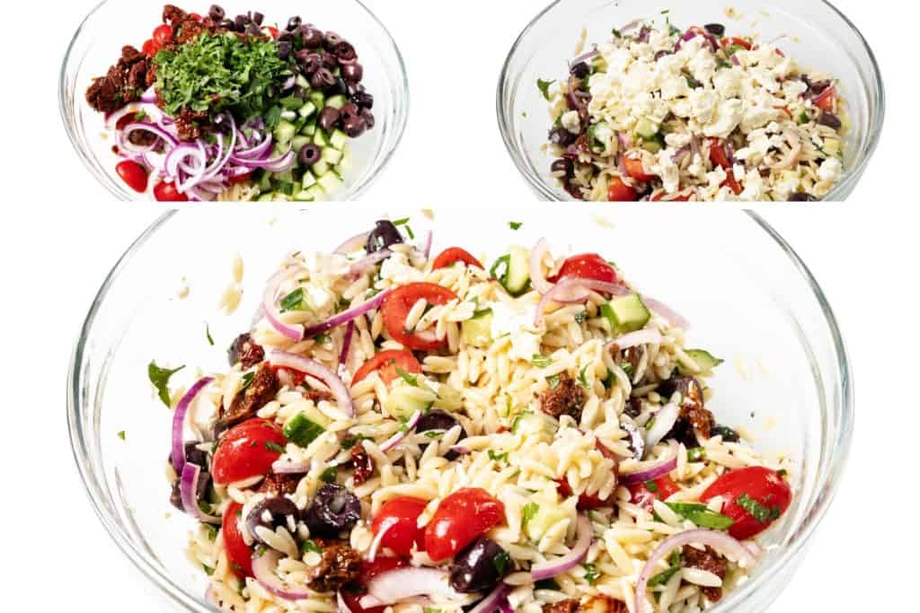 Three glass bowls showing the steps of making Greek Orzo Pasta Salad with tomatoes, cucumbers, red onion, olives, sun-dried tomatoes, herbs, and feta. The largest bowl displays the finished Orzo Pasta Salad mixed and ready to serve.