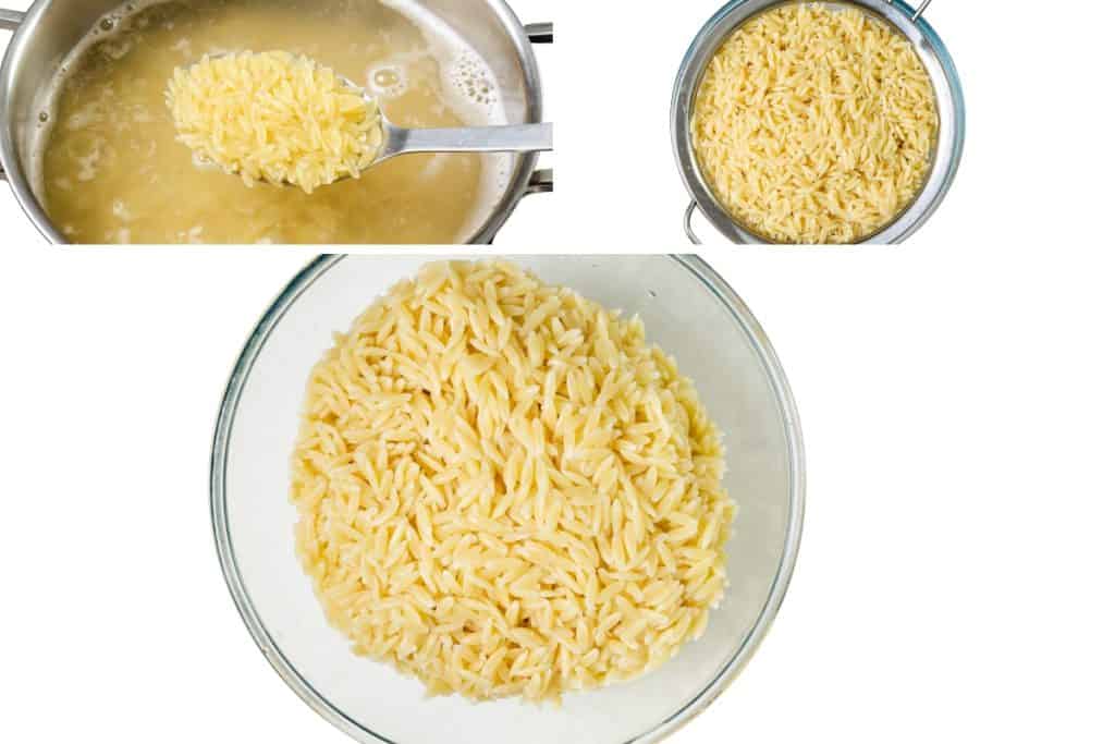 Three images show orzo pasta for Greek Orzo Pasta Salad: orzo on a spoon over boiling water, orzo draining in a colander, and cooked orzo in a glass bowl, ready to serve with feta.