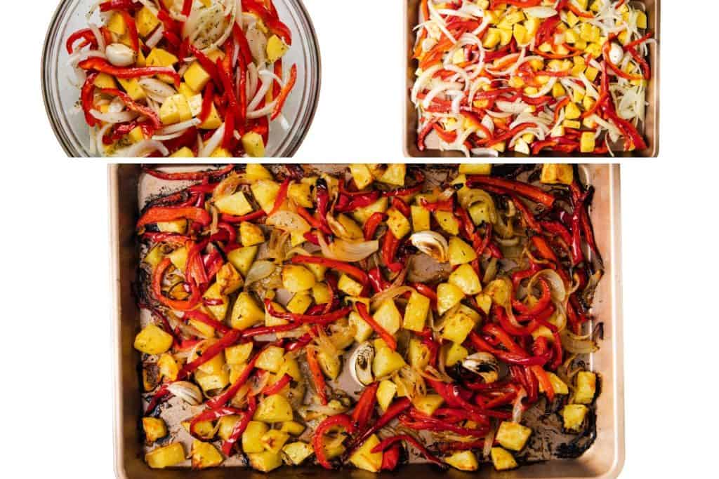Three images show sliced red bell peppers, onions, and yellow potatoes—classic toppings for Italian Hot Dogs—first in a glass bowl, then spread raw on a baking tray, and finally roasted to a golden brown on the same tray.