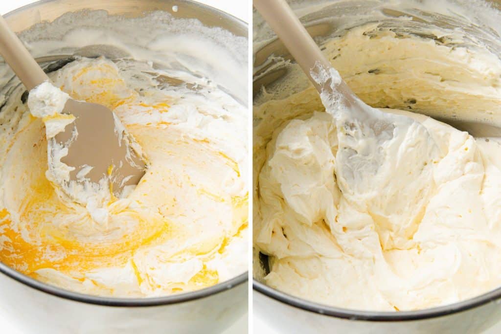 Two images side by side show a spatula mixing frosting or whipped cream in a metal bowl for Lemon Cream Parfaits. Left: yellow coloring swirled in; right: fully mixed, creamy, fluffy, light yellow frosting&mdash;perfect for this lemon dessert.