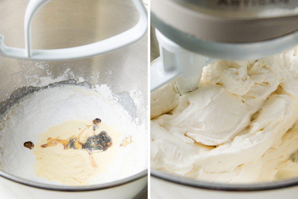 Side-by-side images show a stand mixer bowl: on the left, dry ingredients and vanilla extract before mixing; on the right, the bowl filled with smooth, whipped cream mixture for Lemon Cream Parfaits.