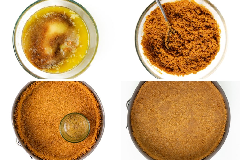 Four-step process of making a graham cracker crust for your favorite easy dessert: mixing crumbs, sugar, and butter; stirring; pressing into a pie pan with a glass; and ending with an even crumb crust, perfect for any no-bake cheesecake.