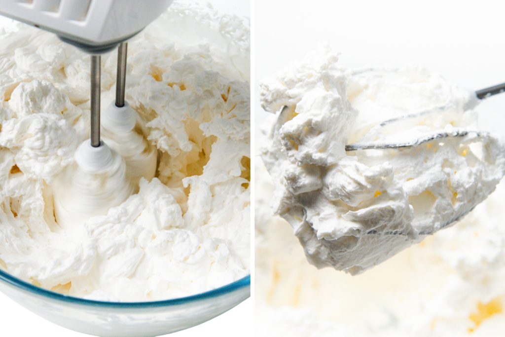 Close-up of an electric hand mixer whipping cream in a glass bowl on the left, and a beater covered in thick, fluffy whipped cream on the right—perfect for any easy dessert or no-bake cheesecake recipe.