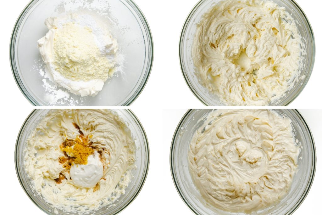Four glass bowls showing steps of mixing ingredients for an easy dessert: first with powder and cream, second blended, third whipped with lemon zest and extract, fourth with a fully whipped, creamy no-bake cheesecake mixture.