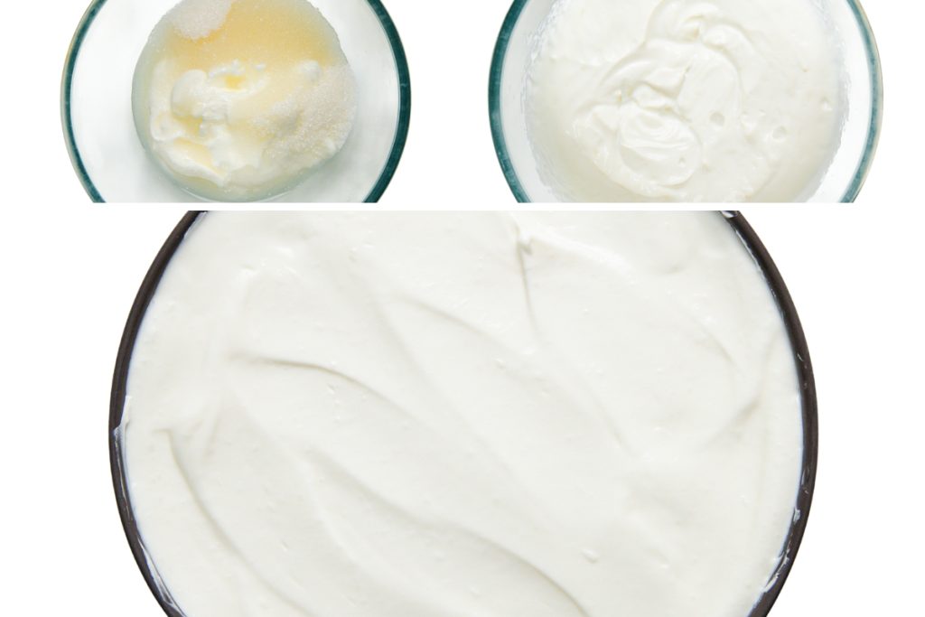 Two small bowls at the top show ingredients being mixed and whipped, while the large bowl at the bottom displays a smooth, creamy No-Bake Cheesecake topping.