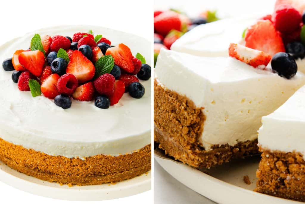 A delicious no-bake cheesecake topped with fresh strawberries, blueberries, raspberries, and mint leaves. One image shows the whole easy cheesecake; the other highlights a sliced piece’s creamy texture and graham cracker crust.