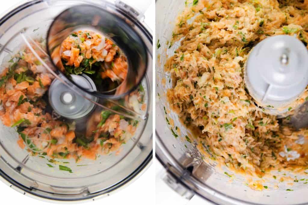 Side-by-side close-up photos of a food processor: the left shows chopped salmon and herbs being blended for salmon cakes, while the right reveals the ingredients fully mixed into a smooth, combined paste.