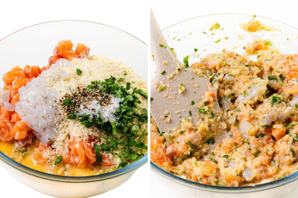 Two side-by-side images: on the left, a glass bowl holds chopped seafood for Shrimp Cakes, breadcrumbs, herbs, and seasonings; on the right, the mixture is stirred with a spatula into a blended, textured mixture.