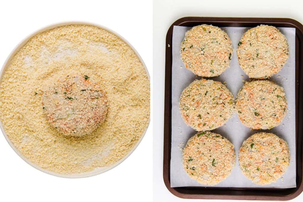 Left: A round Shrimp and Salmon Cake coated in breadcrumbs in a white bowl. Right: Six seafood cakes arranged on a parchment-lined baking tray, ready to bake and serve with spicy mayo.