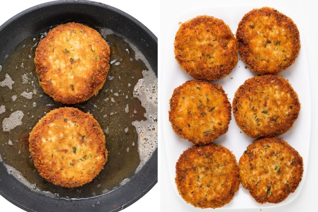 Side-by-side image: on the left, two golden-brown Shrimp and Salmon Cakes frying in a pan of oil; on the right, six cooked seafood cakes arranged neatly on a white plate, ready to be paired with spicy mayo.