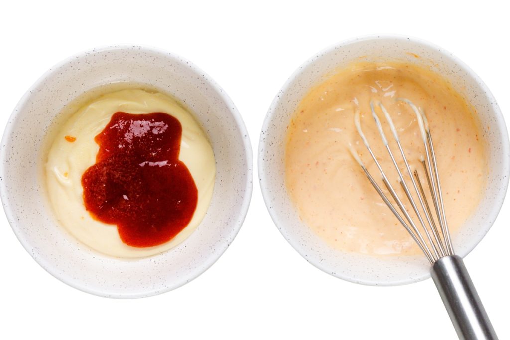 Two white bowls: the left holds mayonnaise topped with red sauce for Spicy Mayo, while the right shows the ingredients mixed into a creamy, pinkish sauce with a small whisk&mdash;perfect for serving with Seafood Cakes.