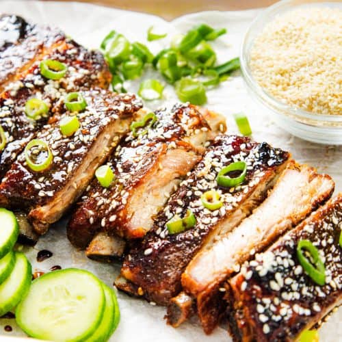 Asian style pork ribs plated for the recipe card image.