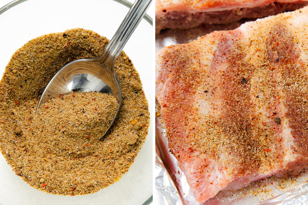 A dry spice rub for Asian style pork ribs and the ribs coated with the seasoning.