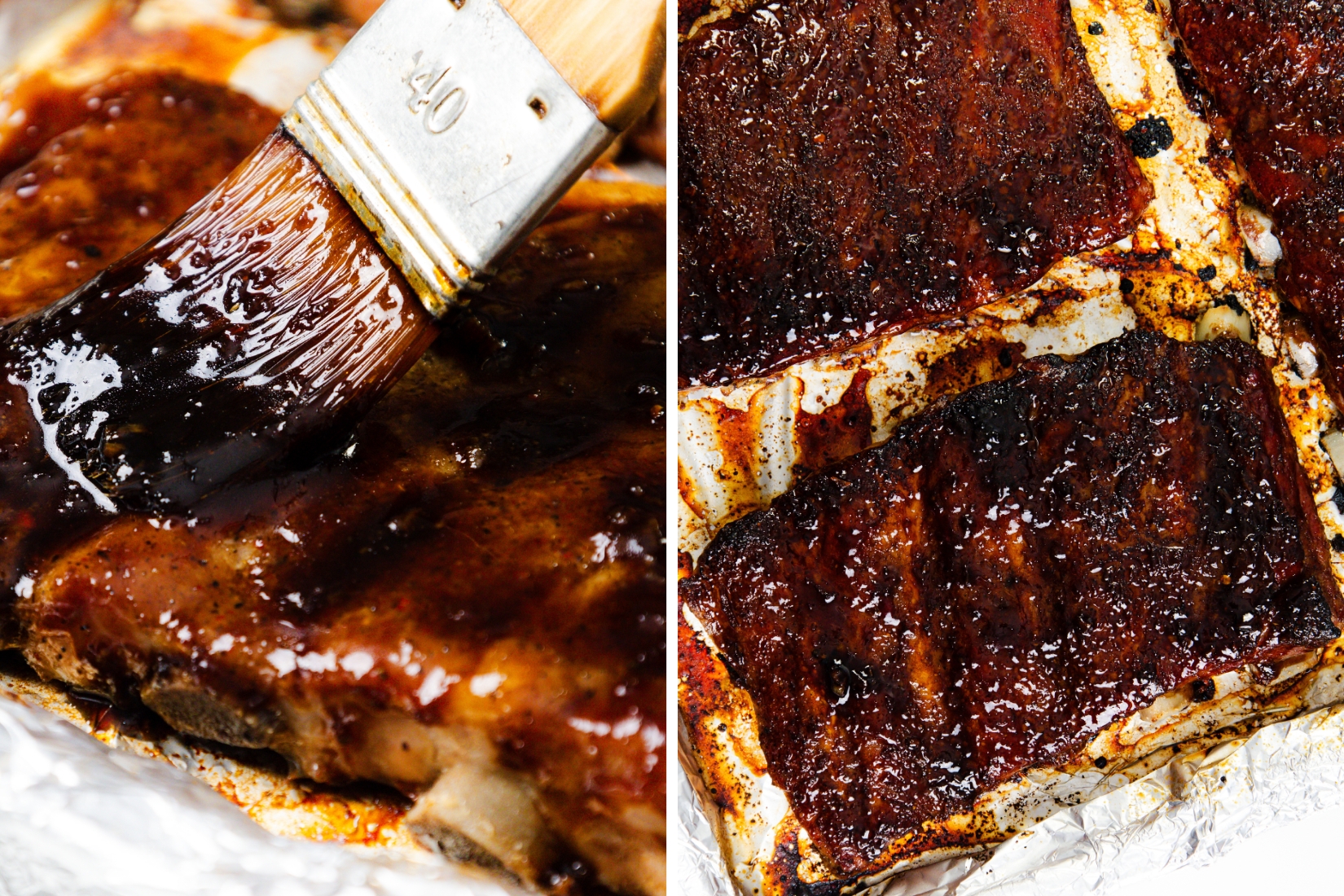 Asian style pork ribs being brushed with glaze and cooked until glossy and caramelized.