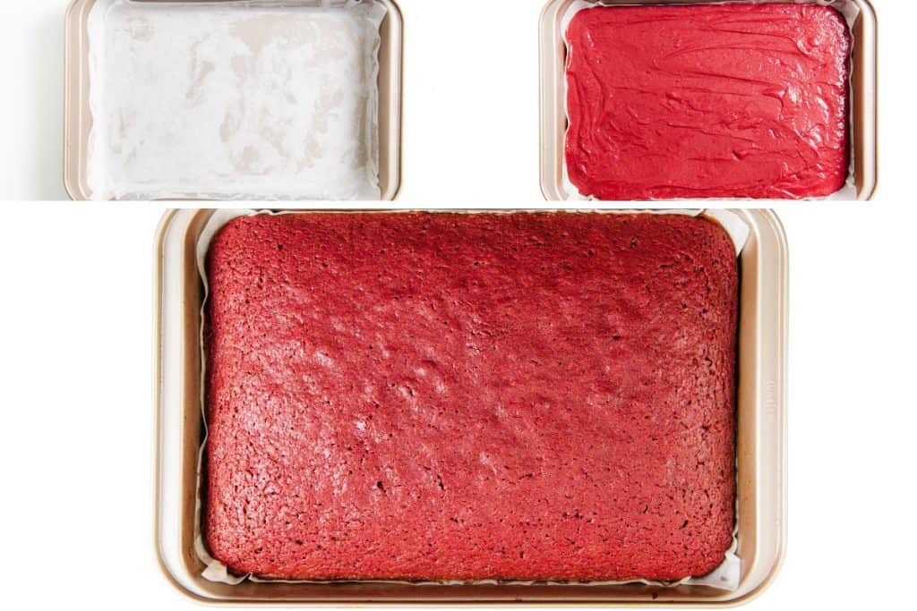 Three images show the stages of baking a Red Velvet Sheet Cake: an empty parchment-lined pan, a pan filled with red cake batter, and a pan with the baked red velvet sheet cake ready to become a festive patriotic dessert.