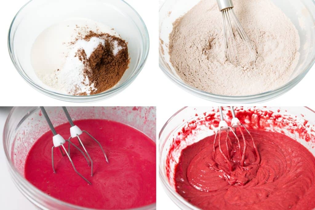 Four images show steps of making Red Velvet Sheet Cake batter: mixing dry ingredients, whisking them together, blending in wet ingredients to form pink batter, and mixing until the batter is smooth and red.