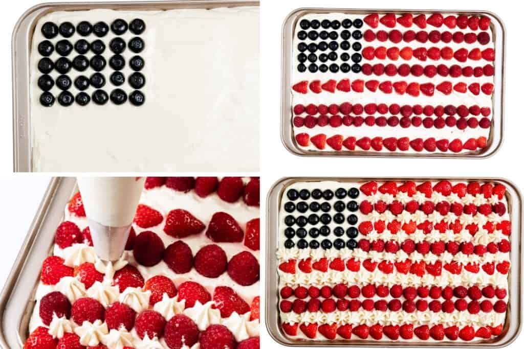 Four-step collage showing the creation of an American Flag Cake&mdash;a patriotic dessert with blueberries for the blue section, strawberries and raspberries for red stripes, and piped white frosting for stars and white stripes.
