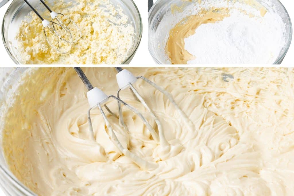 Three images show steps of mixing Red Velvet Cake batter: creaming butter and sugar, adding dry ingredients, and blending until smooth with electric beaters in glass bowls.