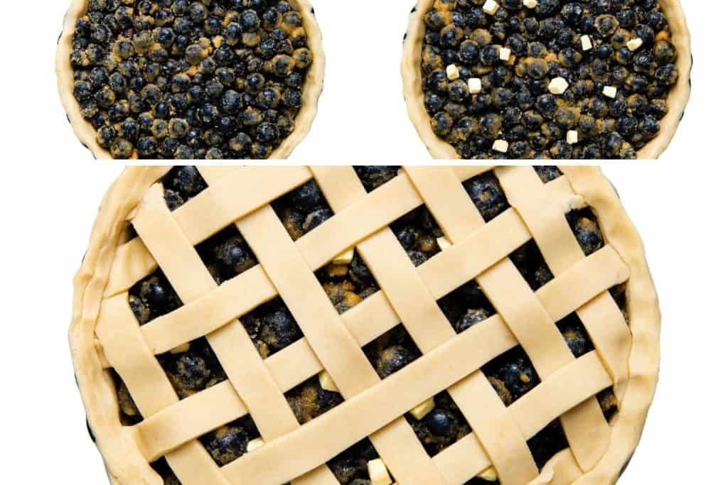 Two unbaked blueberry pies with cubed butter on top are shown above a close-up of a third Blueberry Pie, covered with a lattice pattern of raw pie crust.