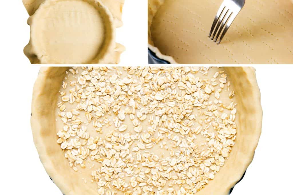 Three images show steps preparing a Blueberry Pie crust: an empty pie crust, a fork pricking holes in the crust, and oats sprinkled over the crust in the pie pan.