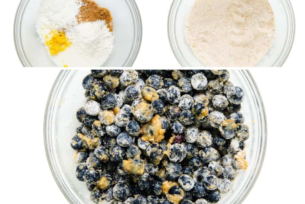 Three glass bowls: the top left shows flour, sugar, nutmeg, and lemon zest; the top right has blended dry ingredients; the bottom bowl contains blueberries coated in the mixture—perfect for a homemade pie or blueberry dessert.