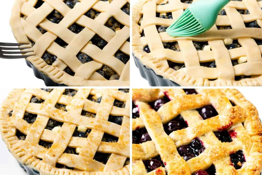 A four-panel image showing the steps of making a homemade blueberry pie: crimping the crust with a fork, brushing the lattice top with egg wash, sprinkling sugar, and the finished golden-brown blueberry dessert with bubbling filling.