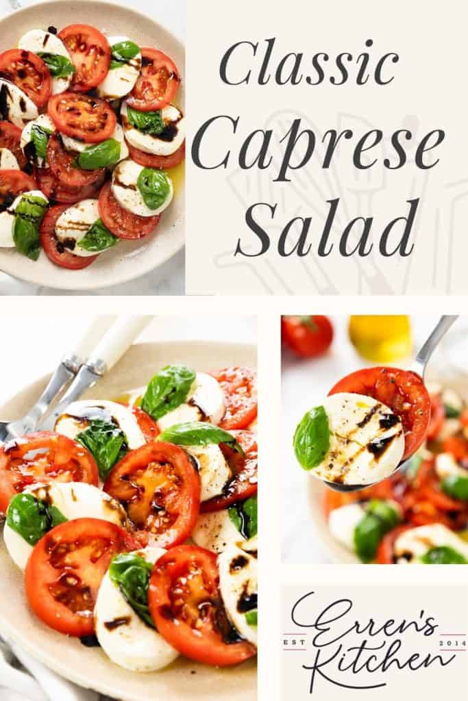 Sliced tomatoes, fresh mozzarella, and basil leaves arranged on a plate, drizzled with balsamic glaze. Text reads “Classic Caprese Salad” and “Erren’s Kitchen.” A bright and fresh Italian salad presentation.