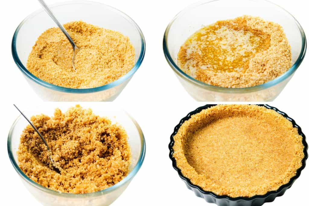 Four images show steps to make a graham cracker pie crust for Easy Lemon Pie: mixing crumbs and sugar, adding melted butter, combining ingredients, and pressing the mixture into a pie pan to form a delicious crust.