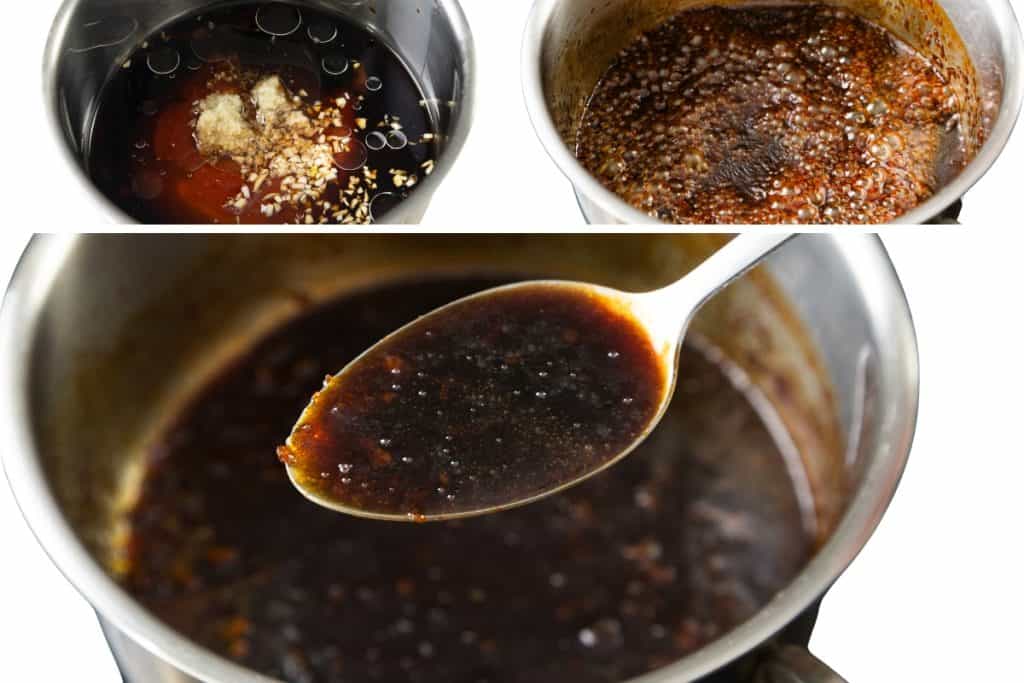 Three images show the process of making a Sriracha Soy Glaze: ingredients in a pot, the sauce simmering, and a close-up of a spoon lifting the finished dark, glossy glaze perfect for Brined Pork Chops.