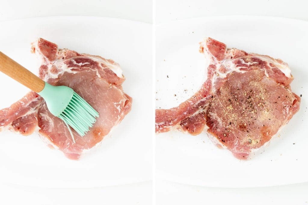Two side-by-side images of a raw bone-in pork chop on a white surface: on the left, a silicone brush applies Sriracha Soy Glaze to the meat; on the right, the pork chop is seasoned with salt and pepper.