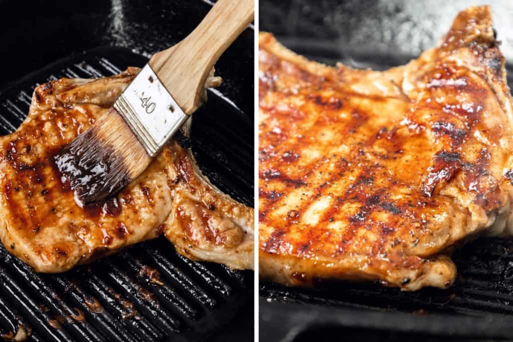 Two photos of Grilled Pork Chops cooking in a grill pan: left, a brush applies Sriracha Soy Glaze to the meat; right, the brined pork chop is shown with seared grill marks and a shiny, caramelized glaze.