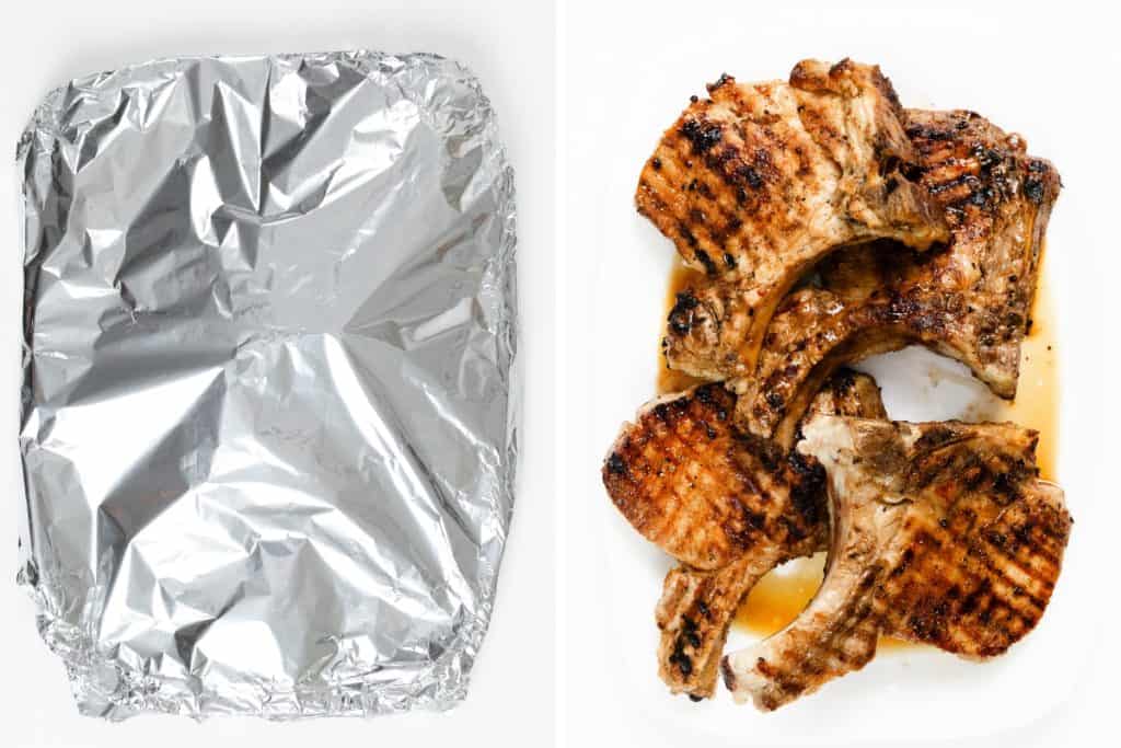 A side-by-side image: on the left, a baking dish covered with aluminum foil; on the right, several Grilled Pork Chops arranged on a white plate and finished with a rich Sriracha Soy Glaze.